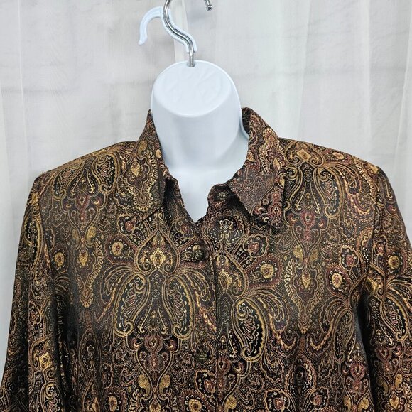 Vintage Drapers & Damons Blouse Brown Burgundy Jacquard Brocade Button-Down M - Picture 2 of 12